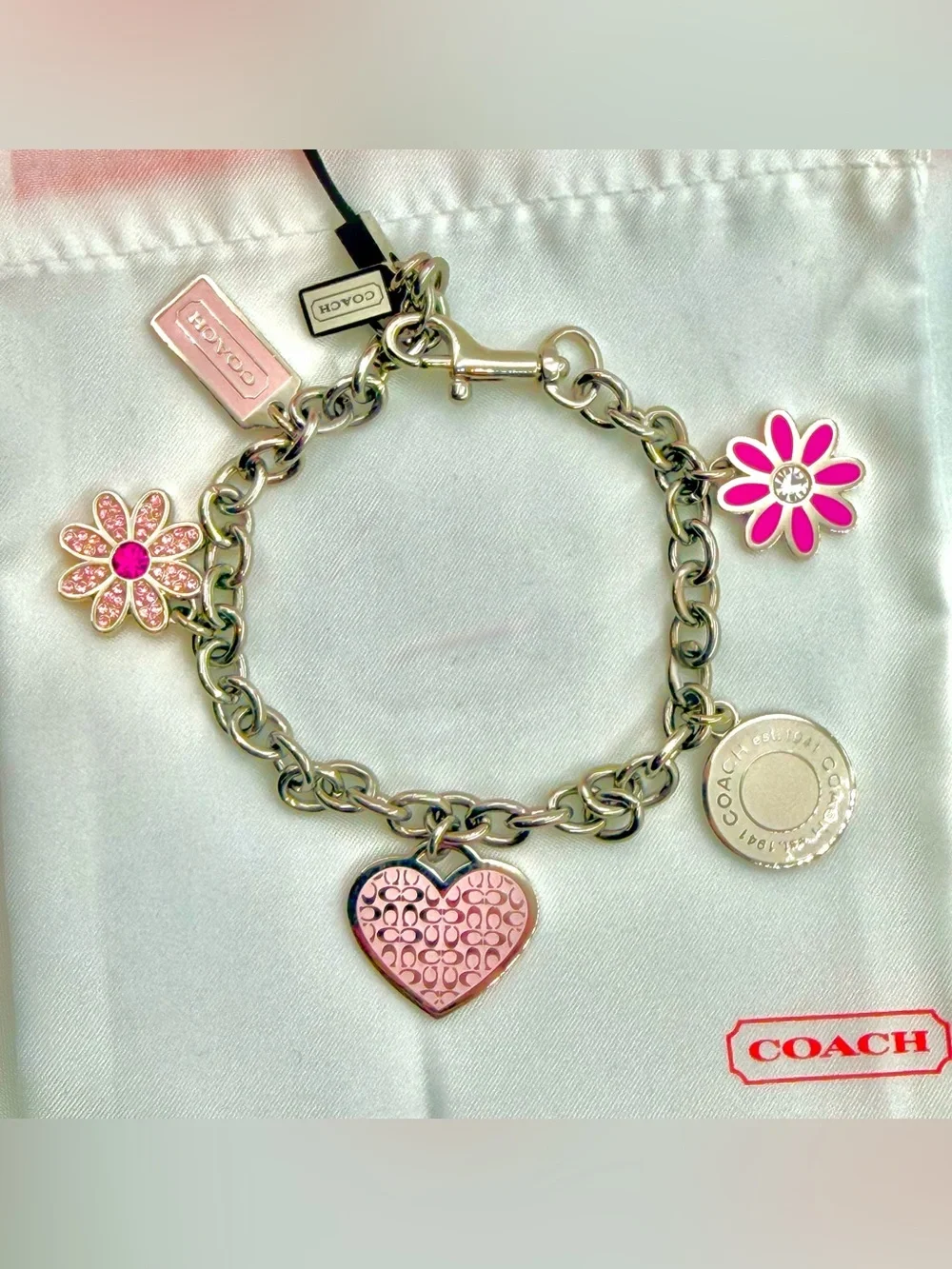 Vintage Coach Pink Daisy Swarovski Crystal Charm Dog Leash Clasp Bracelet/BagFob